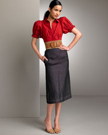 Donna Karan Collection Panama Shirt & Linen Denim Fitted Skirt