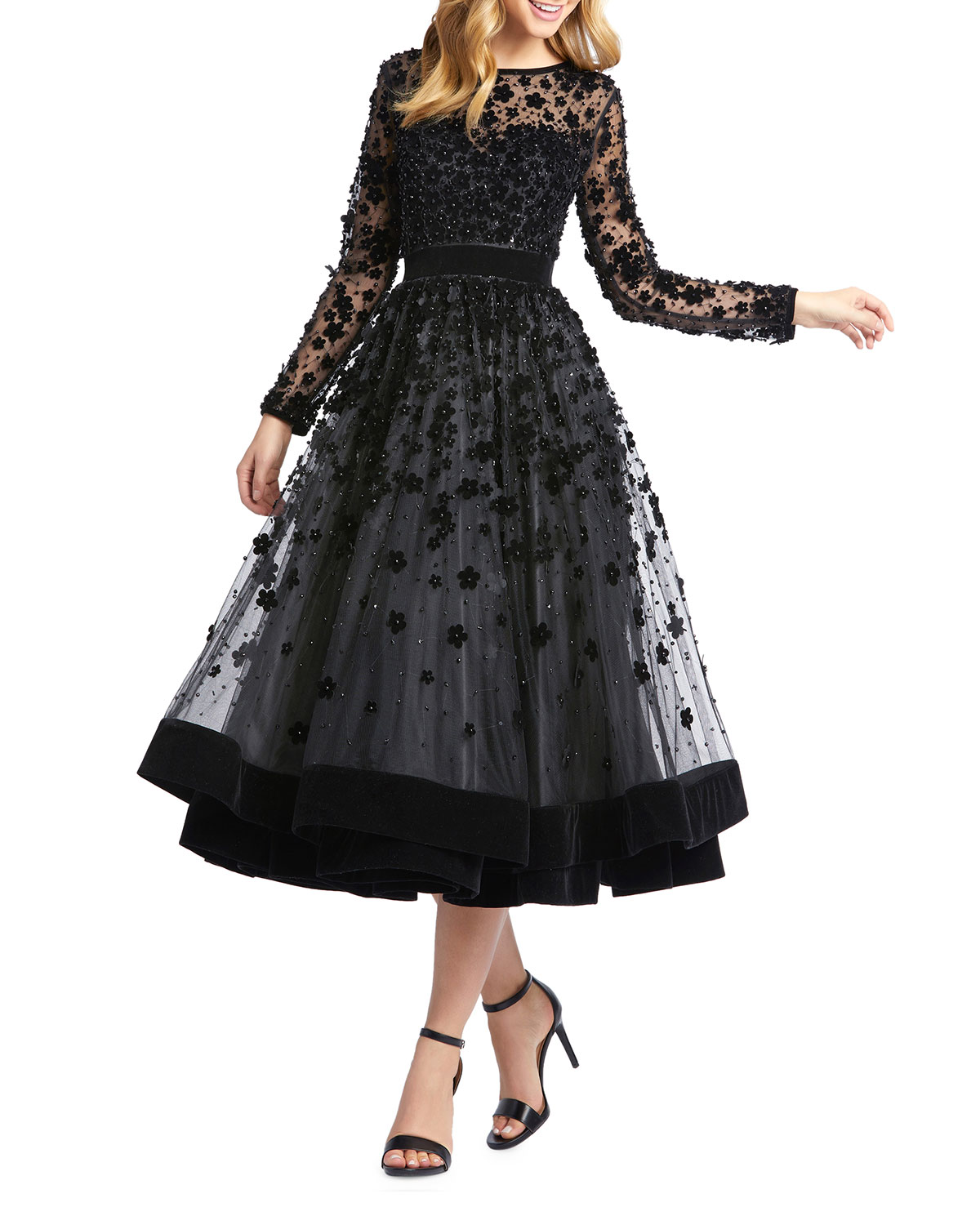 MAC DUGGAL LONG-SLEEVE TEA-LENGTH FLORAL APPLIQUE COCKTAIL DRESS,PROD239160056