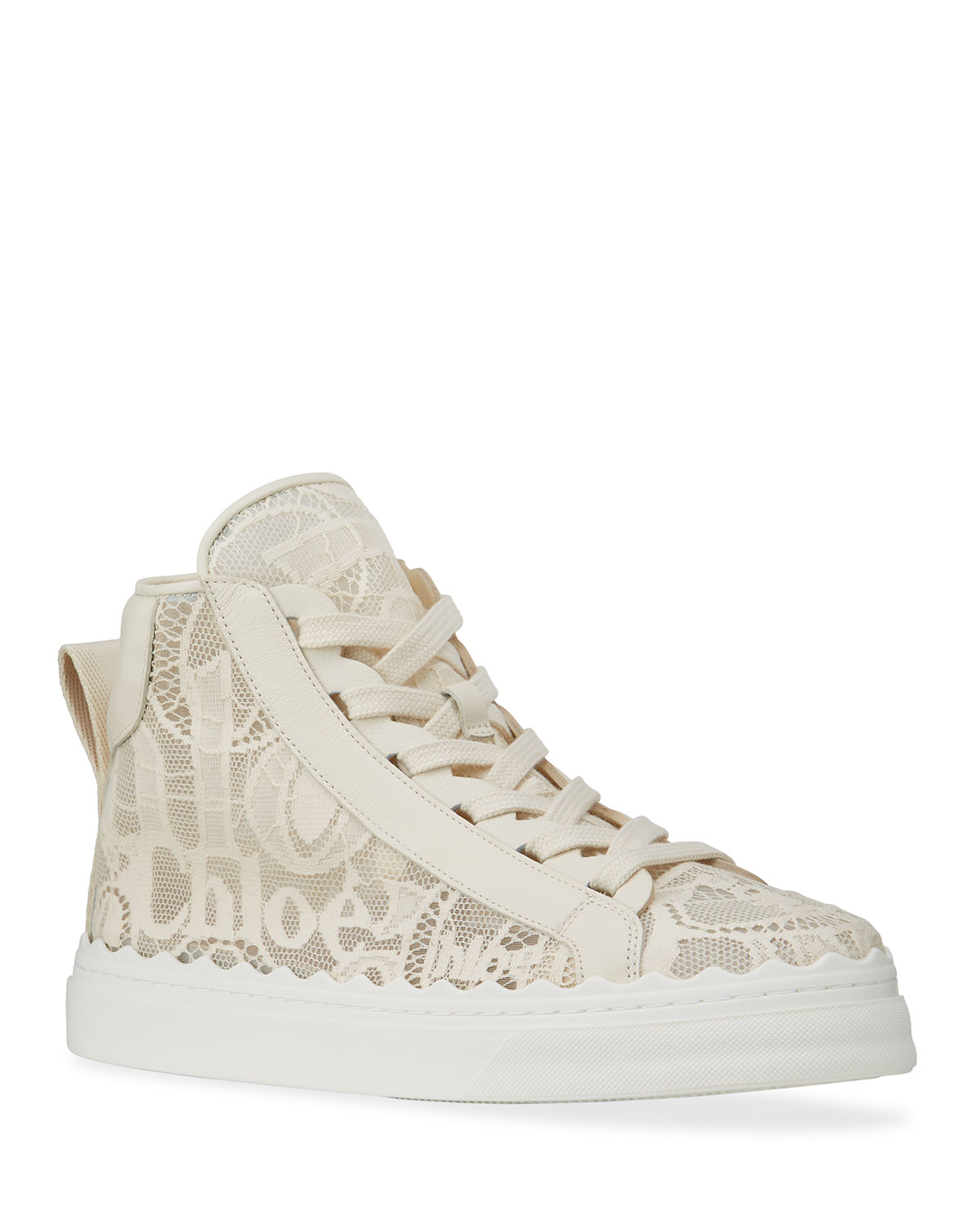 Chloé Lauren Scalloped Leather-trimmed Lace High-top Sneakers In Beige